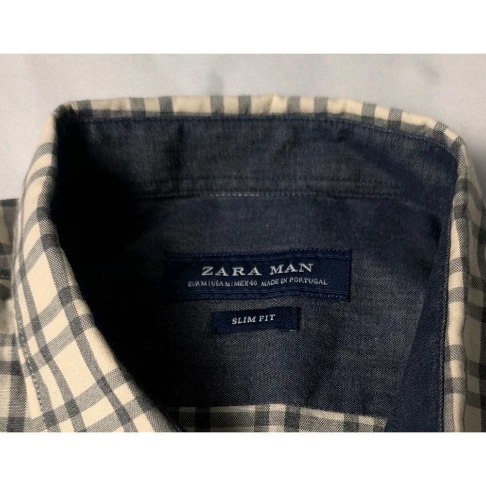 Zara Man Men's Medium Cream‎ and Navy Plaid Button Up Long Sleeve Shirt - Picture 2 of 10